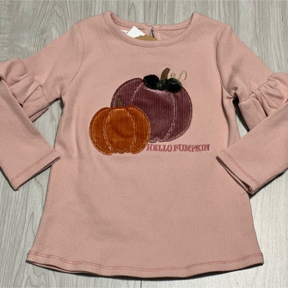 Mud Pie pumpkin patch Halloween Fall Thanksgiving pink ribbed shirt 12-18m NWT